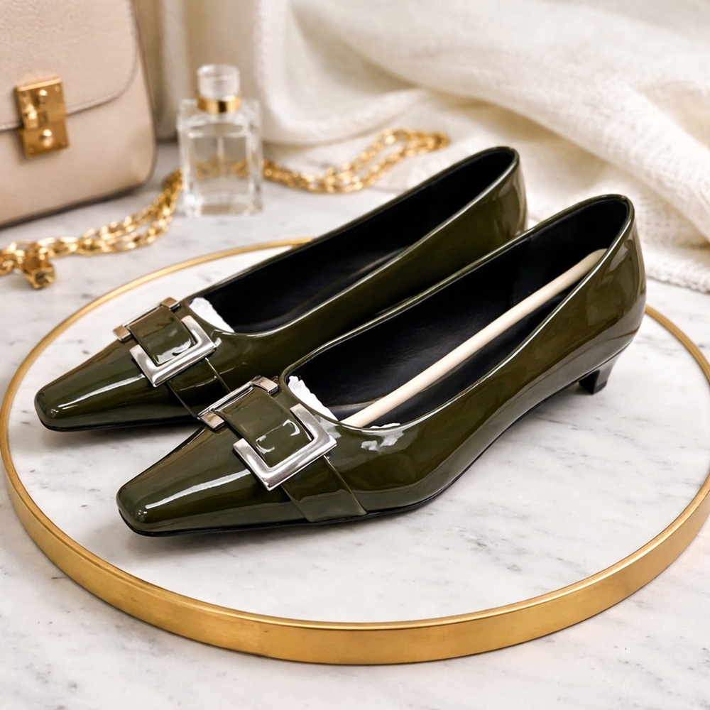 C. Paravano Dark Green Leather Kitten Heels NIB $138 MSRP